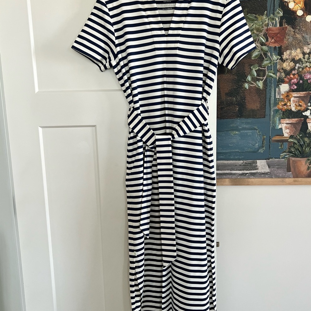 Dudley Stephens Navy and White Striped Dress with belt and side slits